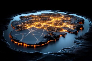 Poster - Global network visualized with lines connecting major cities across a night-time map