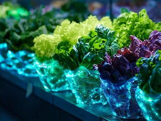 Poster - Futuristic Farmers  Market with Glowing Biodegradable Produce Packaging for Sustainable Shelf Life