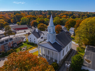 Wall Mural - First Congregational Church aerial view in fall with fall foliage Town Common in historic town center of Uxbridge, Massachusetts MA, USA. 