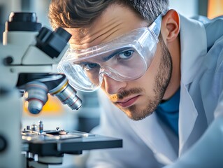 Poster - Focused Male Scientist Analyzing Sample Under Microscope in Laboratory Environment with Protective Gear, Showcasing Modern Research Techniques and Equipment