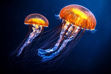 Poster - Jellyfish floating gracefully in a deep blue ocean, with light creating a glow around them
