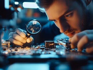 Aufkleber - Focused Technician Inspecting Circuit Board with Magnifying Glass in a Dimly Lit Laboratory, Highlighting Precision and Attention to Detail in Electronics Repair