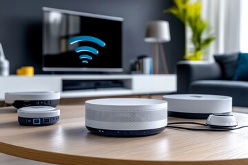 Aufkleber - Multiple devices connected via Wi-Fi, showing a cohesive network in a modern home environment