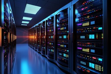 Poster - Realistic image of a server room with rows of network servers and LED lights blinking, representing data flow