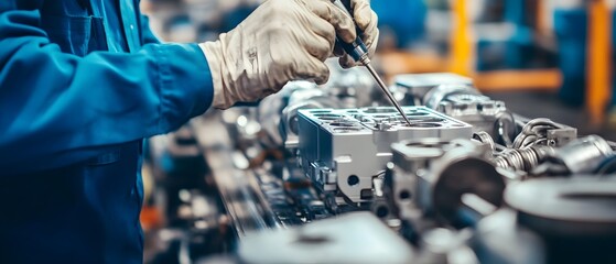Leinwandbilder - Skilled Technician Assembling Engine Components with Precision Tools in a Modern Factory Setting for Automotive Repair and Manufacturing Processes