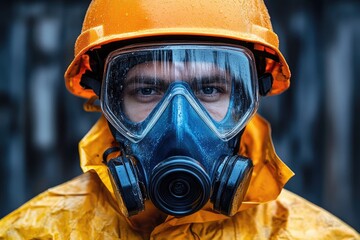 Scientist wearing gas mask and protective suit in industrial setting