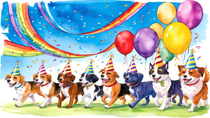 Wall Mural - A Festive Birthday Celebration: A colorful and festive image of animals celebrating a birthday with balloons and party hats. Illustrations. 2