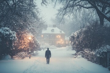 Wall Mural - man walking toward illuminated house during snowfall at dusk