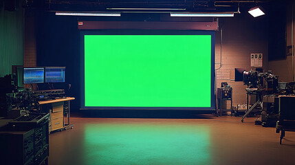 Poster - huge projector green screen chroma key monitor filming location indoor modern scene mockup composition 