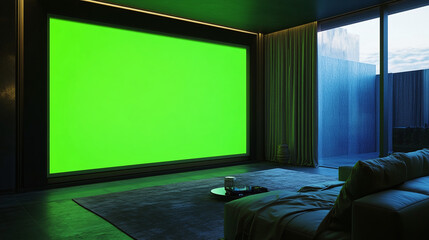 Poster - huge projector green screen chroma key monitor filming location indoor room home clean modern scene mockup composition