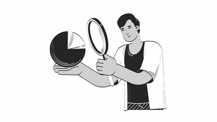 Poster - Data analyst magnifying glass doodle outline animation. Indian man with loupe holding chart 4K video motion graphic. Strategy planning statistician animated sketch 2D concept isolated on white