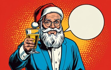 Santa Claus raises a glass in celebration with a festive background during the holiday season