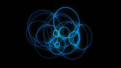 Poster - Abstract blue sphere on black background. Wireframe circle structure with glowing particles. Futuristic digital illustration. 3D rendering.