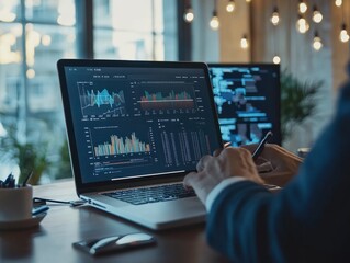 Poster - Cropped photo of businessman analyzing business diagram, marketing statistics and finance market graphs on laptop monitor in the office.