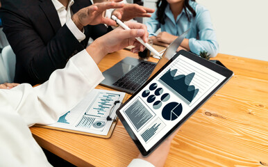 Poster - Financial data analysis dashboard by Fintech BI or business intelligence display on laptop and tablet to in-depth financial data analysis by business people planning on marketing.Meticulous