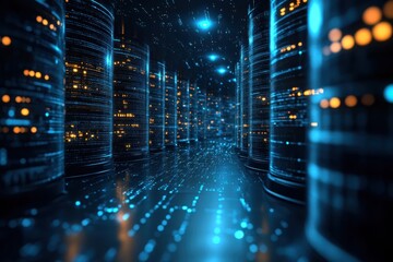 Poster - A futuristic data center with glowing servers and digital data streams at night