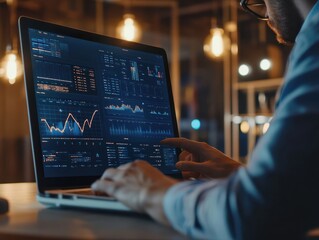 Poster - Cropped photo of businessman analyzing business diagram, marketing statistics and finance market graphs on laptop monitor in the office.