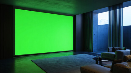 Poster - huge projector green screen chroma key monitor filming location indoor room home clean modern scene mockup composition