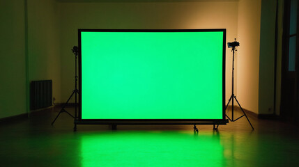 Poster -  huge projector green screen chroma key monitor filming location indoor modern scene mockup composition