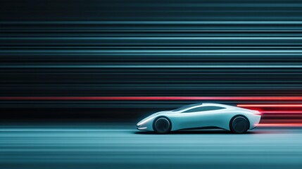 Poster - Futuristic white car speeding through a dynamic urban landscape, showcasing motion blur effect with streaks of light emphasizing speed and innovation in automotive design