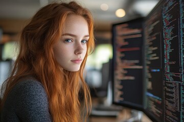 Fototapete - Young woman with red hair coding at a computer in a modern office environment during the day