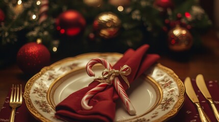 Poster - A beautifully arranged dining table features a red napkin tied with a ribbon and candy canes next to a decorative plate.