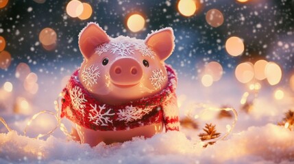 Aufkleber - A delightful pig figurine wearing a festive scarf stands in a snowy environment, surrounded by soft glows of holiday lights. Snowflakes gently fall around, creating a magical winter atmosphere.