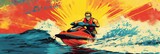 Vintage comic drawing of  of jetski in water. Summer tropical sports.
