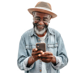 Happy elderly man wearing glasses and a hat, using a mobile phone against a transparent background.