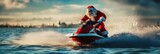 Santa riding a jetski with gift bag box.