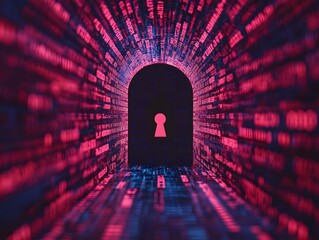 Poster - Abstract representation of digital security featuring a keyhole in a tunnel of binary code with vibrant pink and blue hues to symbolize data protection and privacy.