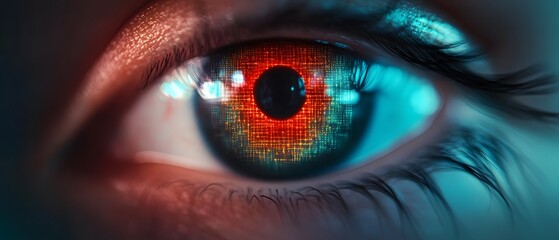 Poster - Close-Up of a Digital Eye with Vibrant Colors and Intricate Patterns Capturing the Fusion of Technology and Human Emotion in a Futuristic Vision