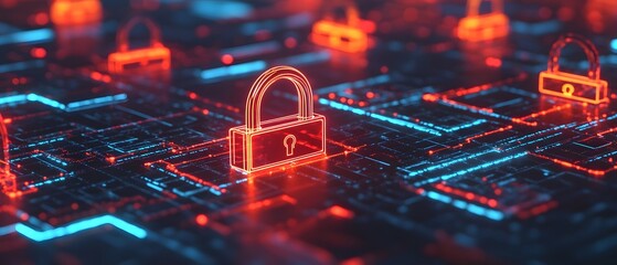 Poster - Digital Security Concept with Neon Lock Graphics and Abstract Circuit Background Depicting Cyber Protection, Data Security, and Technological Innovation in a Virtual Environment