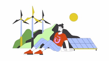 Poster - Sustainable generators renewable energy 2D animation. Wind turbines, solar panel 4K video motion graphic. Lifestyle eco conscious man animated character cartoon flat concept, white background