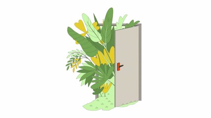 Fototapete - Green living 2D animation. Sustainability go green future 4K video motion graphic. Eco conscious man walking through doorway garden lush animated character cartoon flat concept, white background