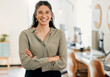 © peopleimages.com - Business, crossed arms and portrait of happy woman in office with confidence, company pride and growth. Call center, telemarketing and person in workplace with smile for online sales consultant