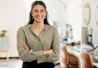 Business, crossed arms and portrait of happy woman in office with confidence, company pride and growth. Call center, telemarketing and person in workplace with smile for online sales consultant