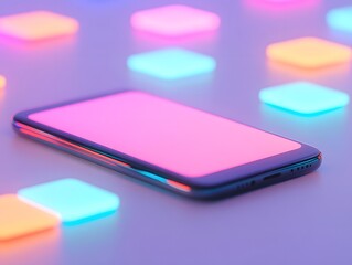 Poster - Stylish smartphone with a vibrant neon glow placed on a colorful background of illuminated squares, emphasizing modern technology and aesthetic appeal for creative projects.