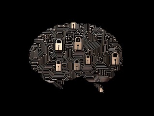Poster - Abstract Representation of a Human Brain Merging with Digital Technology and Cybersecurity Concepts Featuring Lock Symbols and Circuit Board Patterns