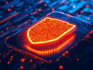 Poster - Digital Shield Concept on Circuit Board with Glowing Elements Representing Cybersecurity, Data Protection, and Modern Technology Innovation