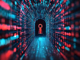 Poster - Abstract Digital Tunnel Leading to a Keyhole with Glowing Binary Code Representing Data Security and Technology Concepts in a Cyber Environment