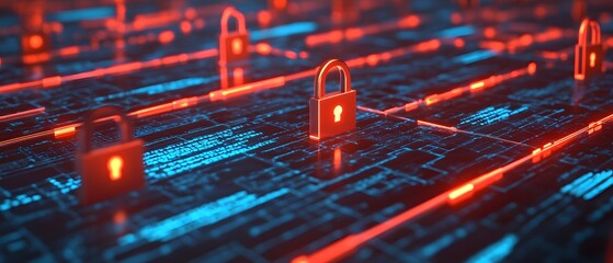 Poster - Red and Blue Digital Cybersecurity Locks Representing Data Protection and Internet Safety Amidst Abstract Circuitry Background in a Futuristic Environment