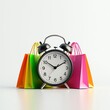 © ธนากร บัวพรหม - An alarm clock positioned between colorful shopping bags on a white background, symbolizing time management for shopping and lifestyle. on a white background