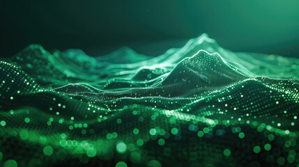 Poster - A digital landscape stretches out, a sea of vibrant green particles forming rolling hills and valleys. The light dances across the surface, creating a mesmerizing display of depth and dimension