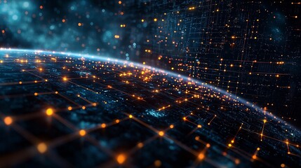 Poster - futuristic interconnected grid of glowing digital interfaces shaping the planet s destiny