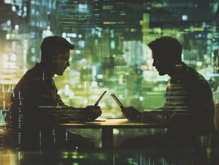 Poster - double exposure.two stock traiders making analysis of digital market and investment in block chain c