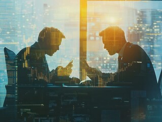 Poster - double exposure.two stock traiders making analysis of digital market and investment in block chain c