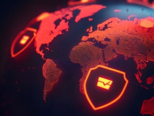 Aufkleber - A Glowing Digital World Map with Red Highlights and Security Shields, Representing Global Cybersecurity and Data Protection for Modern Technology