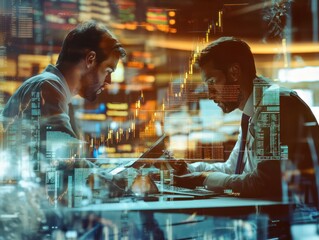 Poster - double exposure.two stock traiders making analysis of digital market and investment in block chain c