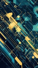 Poster - Vibrant cybernetic backdrop blending yellow and blue geometric lines and shapes. Generative AI